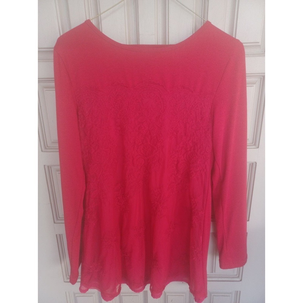 Unbranded Red Lace Overlay Pullover SzL Long Sleeves Criss Cross Back